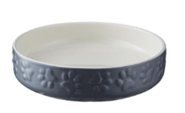 Kattmatskål keramik låg kant grå